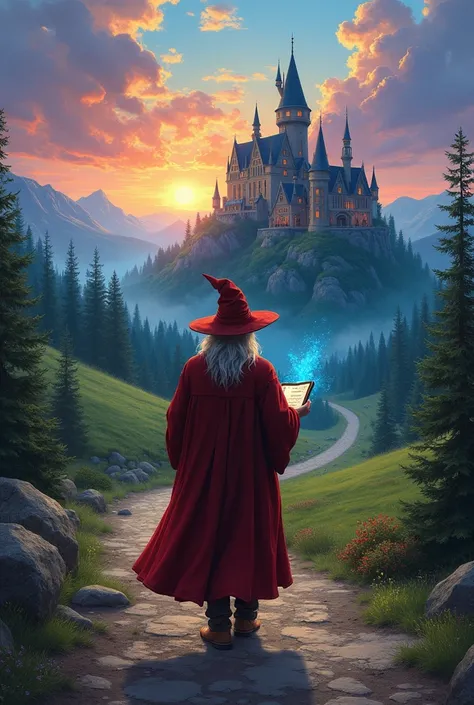 a painting of a wizard walking down a road with a castle in the background, magical castle school on a hill, a bustling magical town, medeival fantasy town, magical school, background hogwarts, using a magical tablet, fantasy game spell, highschool backgro...