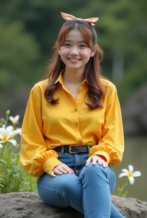  Full photo of beautiful Indonesian woman with round face chubby cheeks,  brown hair tied in two lengths wearing a ribbon ,  wearing a long sleeved yellow blouse , wearing jeans, wearing a belt ,  wearing sneakers ,  sitting on a rock near a flower ,  smil...