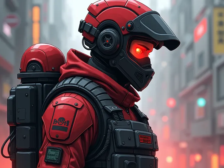 Draw a man , teenager ,  anime style , wearing full face masks , red and black,  tactical suit with a military tactical helmet with a red and black thermal sensor, wearing a Black ,  full body