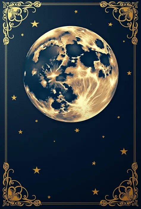  I want to create another image and I want it to be with a navy blue background with golden edges and a moon carved in gold as if it were the cover of a book. That the moon is drawn with gold in the background that the moon is less realistic 