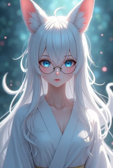 Anime woman with long white hair with blue eyes in a white comino with fox ears and nine white tails and round eyeglasses 