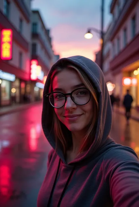 A young woman wearing a hoodie with the hood up takes a selfie with her stylish glasses. The vanishing point leads to an urban street at dusk, illuminated by vibrant neon lights and reflections on the ground. The cinematic background mixes modern buildings...