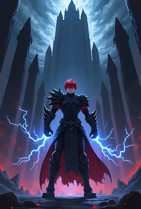 Male character , anime ,  red hair ,  red eyes  ,lightning , Darkness Flying Big Black Plate Armor ( without wings ) Bottom , black castle , tall black pillars , Big throat
Pixel art