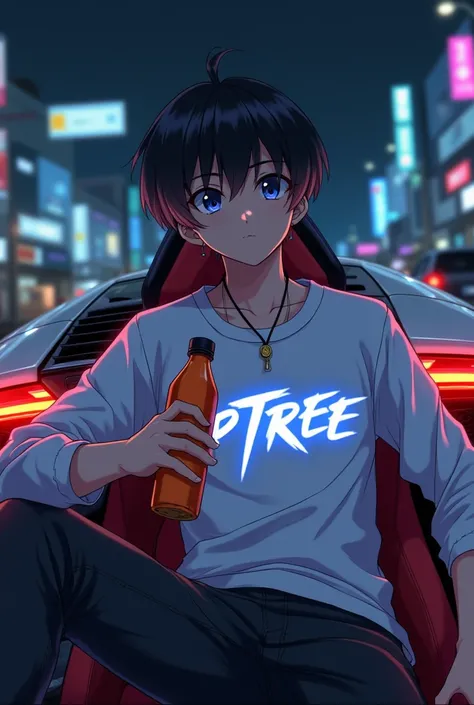  Anime boy 18 years old wearing a white long-sleeved shirt there is an inscription "PTREE " on the chest , shirt has a glowing effect , wearing sneakers, black hair, henpon on the neck ,  holding a drink bottle ,  by driving a Lamborghini in the back , atm...