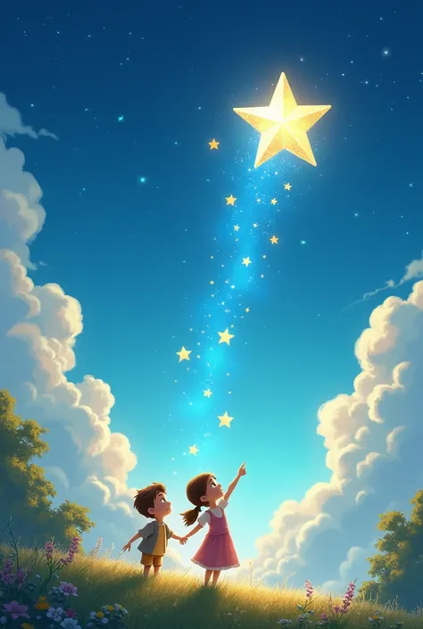 Suggested Images:

 Lili shining in the sky next to other stars , That applaud her .
 s looking up at the sky and pointing to Lili .
 Tips for Images and Visual Style :
 Vibrant and cheerful colors : Use shades of blue for the sky and gold sparkles for cry...