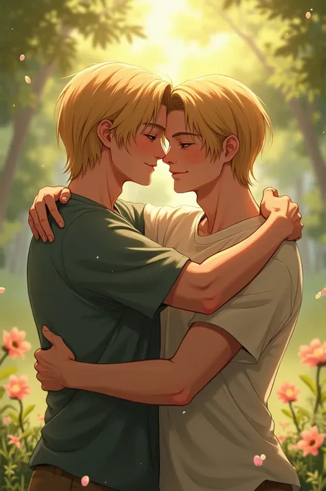 Two guys hugging each other with blond hair