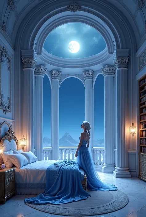     Princess Selene Lunariss room    :   Located in the Moon Tower    ,   your room is vast and spacious  ,    a reflection of Selenes delicacy and grace    .     Walls adorned with murals of lunar nature with details in silver and blue ,    a large bed co...