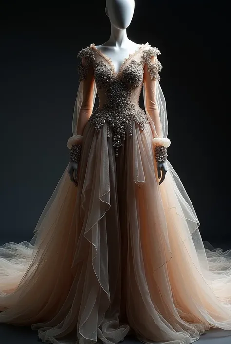 The Pluto-inspired haute couture gown embodies the planet’s eerie isolation and cosmic grandeur with an avant-garde design that feels both ethereal and otherworldly. The bodice is a sculptural blend of frosted brown, smoky quartz, and iridescent brown beig...