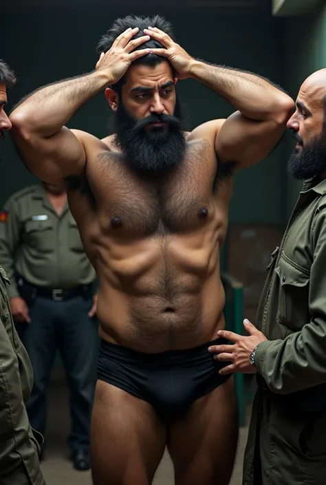 Muscular Persian military police officer , stocky, robust, Extremely hairy and bearded , Wearing black briefs ,  with his hands over his head ,  having his body searched by two armed slum traffickers, inside a shack . Man watching curiously in the backgrou...