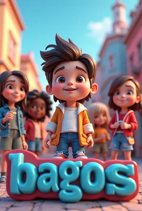 3D text logo with the inscription “BaGosS” at the bottom with a boy mascot with a group of girls background