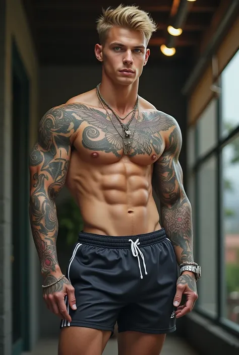 Caucasian lawyer handsome and sexy tall body well defined muscular blonde greyish blue eyes tattoos full tattoos 21 year old jewelry and Adidas shorts 