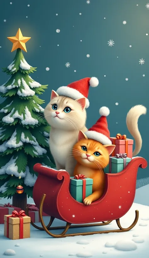  a beige cat with gray lines on her forehead and body , sky blue eyes and a Christmas hat ,  next to a Christmas tree in a snowy landscape ,  where a sleigh driven by an orange cat with a white trunk and white legs ,  with a Christmas hat that selutes her ...