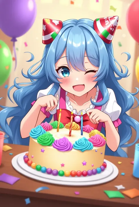 A birthday image of Nejire Hado with her cake and birthday decoration 