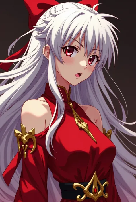 Oc from the anime Inuyasha ,  girl with short and long white hair at the same time with disheveled felco ,  elegant gold-red clothing , has fangs and manipulates blood being half demon and human