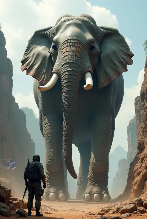 A massive, futuristic mechanical elephant towers over a soldier armed with an assault rifle, set against a backdrop of rugged, ancient stone structures. The scene is labeled Thailand at the bottom, accompanied by the Thai flag. The elephant exhibits intric...