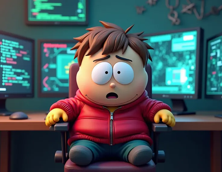 make eric carman from south park facing forward and sitting in a chair, with his usual attire, his red jacket and what hes known for and there should be hacker screens in the back.