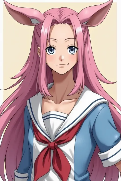 Create an image of a male character , masculine, eyes,  of one piece of the breed mink rabbit variant, White, with silver eyes ,  long pink hair tied in a coque , with 1,64 tall, thin, wearing the sailors uniform ,  make the image in the style of one piece...