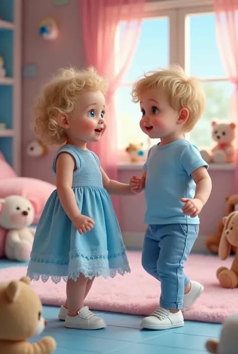 This is an ultra-realistic image of a baby girl wearing a blue dress and white shoes, the baby girls hair is shoulder-length and curly blonde, the baby girls eyes are blue, she is standing up dancing, next to her is a baby boy who is also dancing, the baby...