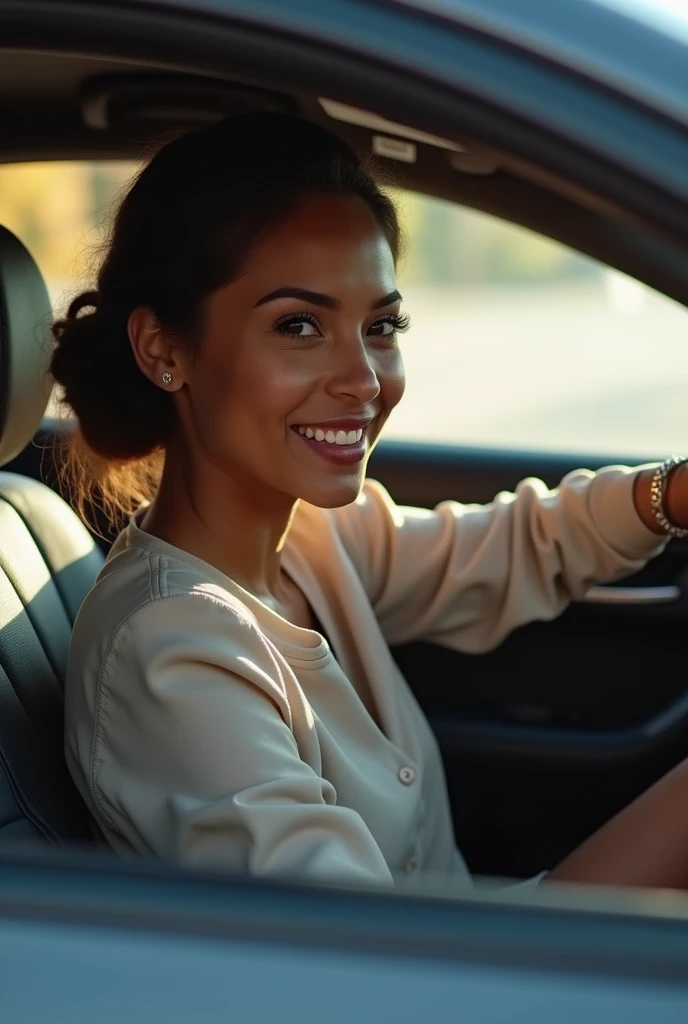 Imagine her behind the wheel of a sleek, luxury car, driving her daughter to school with a calm yet confident presence. The car’s interior is elegant, with plush leather seats and a sophisticated dashboard, reflecting her refined taste. As she focuses on t...