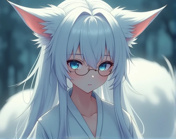 Anime woman with long white hair with blue eyes in a white comino with fox ears and nine white tails and round eyeglasses