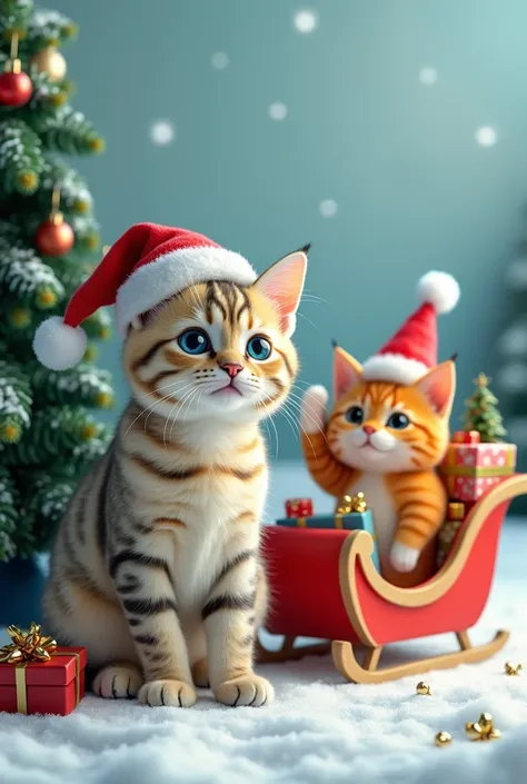  a beige cat with gray lines on her forehead and body , sky blue eyes and a Christmas hat ,  next to a Christmas tree in a snowy landscape ,  where a sleigh driven by an orange cat with a white trunk and white legs ,  with a Christmas hat that selutes her ...