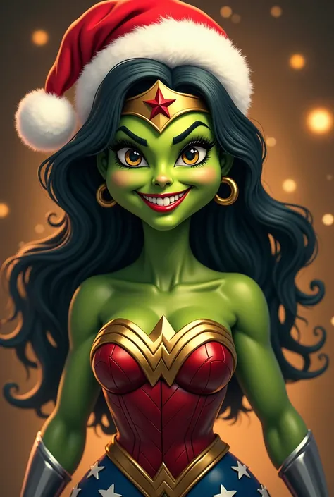 Bust of Wonder Woman Toon in Christmas dress merged with the Grinch