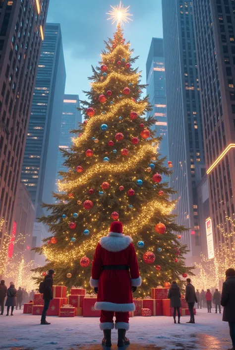 I am standing in front of the Christmas tree in the city in  with Santa Claus