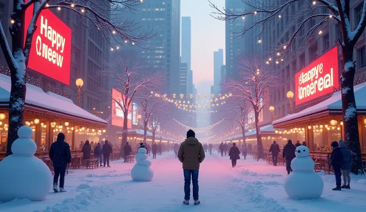 a scene of morning dawn in the city, cityscape, big LED screens are displaying Happy New Year, neon lights, trees covered by snow, winter foliage, snowmen, snowy ground, beautiful atmosphere, 8k, photorealistic, vibrant colors, cinematic lighting, high det...