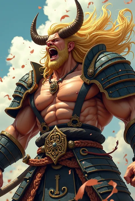  a muscular man with horns on his forehead ,  with long blond hair and rowdy samurai armor on, laughing in a bragging way , Manga style