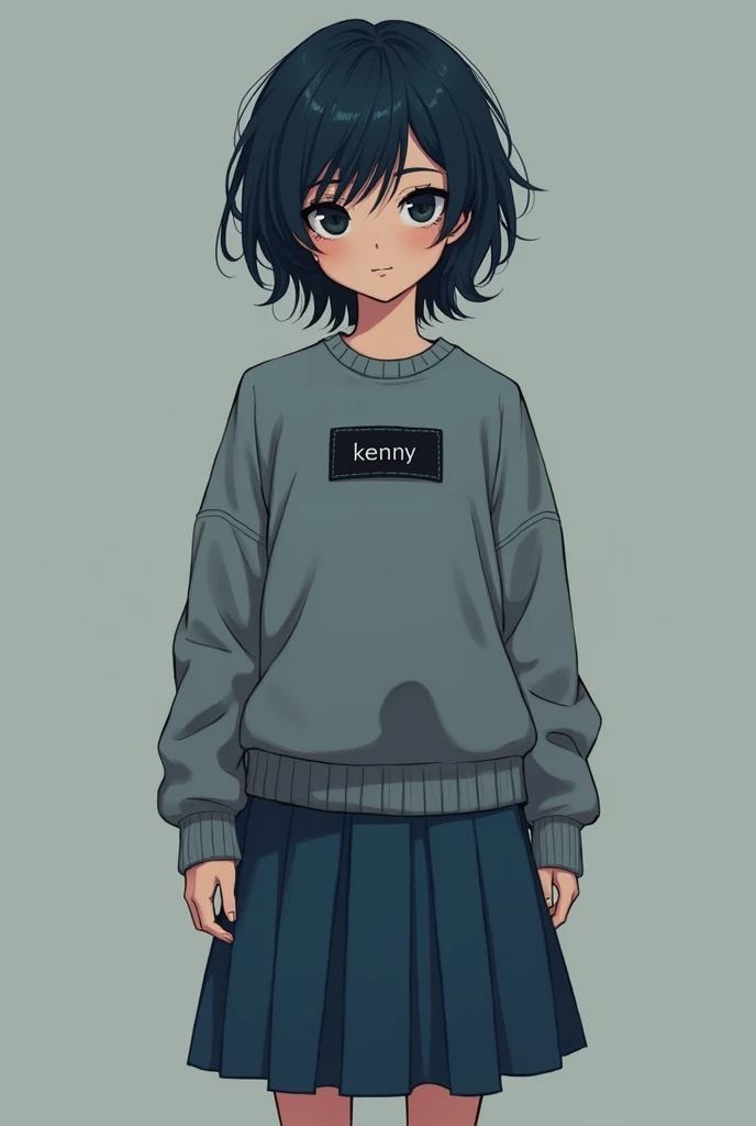 girl,  dark blue slightly short and messy hair,  black eyes, gray long sleeve sweater ,  black shoes, blue skirt,  with a black label and white text saying "kenny" on the front of the hair  