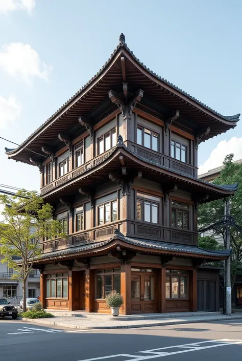 Make me a traditional style building with an entirely rectangular shape on a triangular corner lot,  of three floors raised above the floor with a mixed system in its structure involving wood and metal structure 