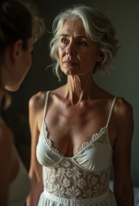 Woman in her 60s wearing a lace camison and white underwear looks longingly at a 20-year-old.