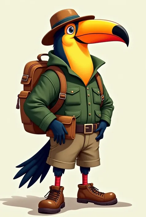 hello, Bing.  I want you to help me create a character for my graphic line , I want the character to be a Toucan .  I want you to wear ranger clothes ,  hiking shoes and other accessories that help me to easily recognize what this Tucans job is.
