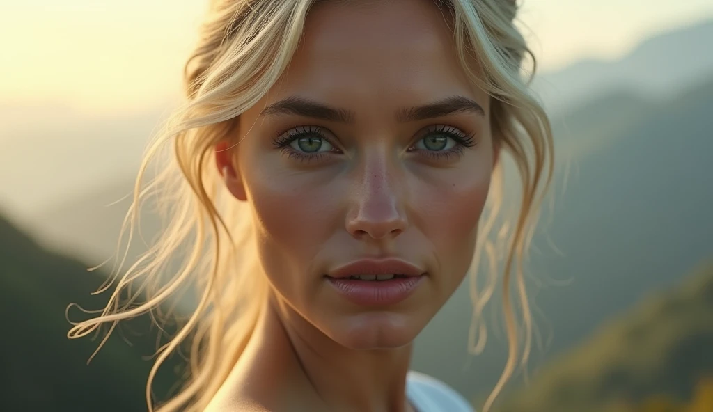 A close-up view of a blonde woman from the front, with customizable hairstyles and clothing, set against a variety of misty morning landscapes, such as mountains, beaches, skies, fields, or other random natural settings. The scenery changes while maintaini...