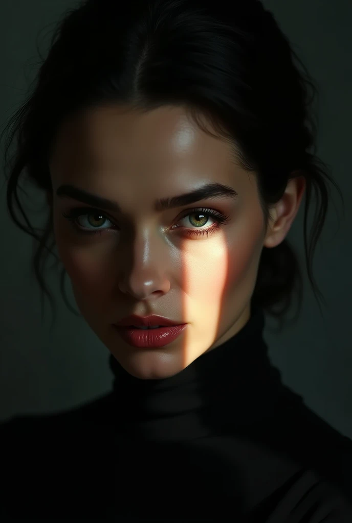 A woman with dark, sleek hair and distinct eyebrows, gazing directly at the viewer with an air of confidence and strength, her face and features illuminated by a low, shaded light that casts a moody glow on one side of her face, accentuating the contours o...