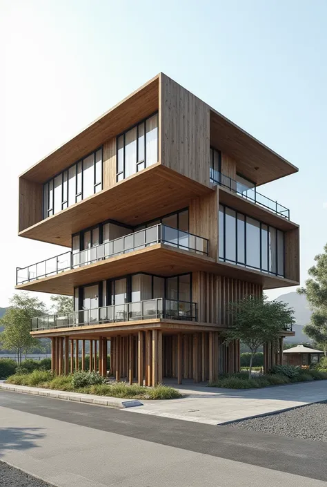 Make me a traditional and modern style building with an entirely rectangular shape in a corner lot , of three floors raised above the ground by means of piles made of materials only of wood and metal structure 