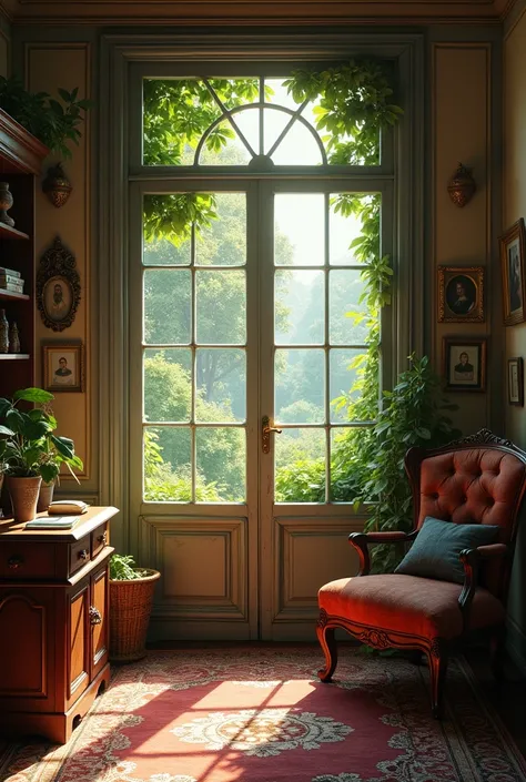 interior view old house vintage with garden view 