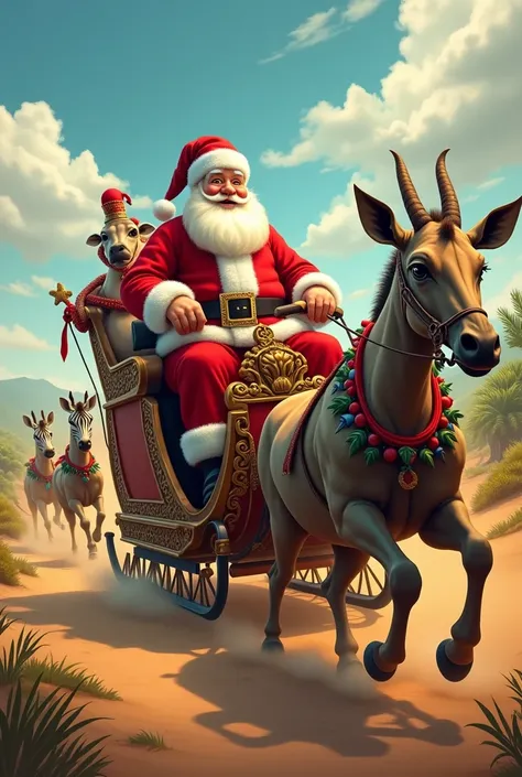 Santa Claus with his sleigh pulled by African animals.