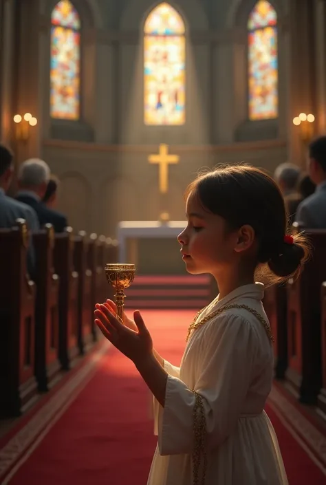 Visually impaired girl receiving Holy Communion in her mouth at mass 