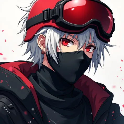  Kaedehara Kazuha (man) anime drawings , cabello blanco, Strand of red hair below,  bright red eyes ,  with black special forces suit,  black balaclava , red helmet with thermal vision lens.