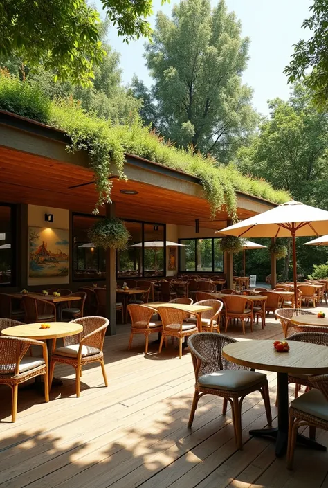 Vdoma eco-style bistro in a park, natural wood and rattan furniture, large panoramic windows, walls adorned with paintings of local landscapes, single-story building with a green roof, summer terrace with umbrellas, surrounded by greenery”