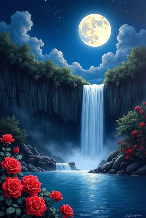 generate a painting of a serene night scene with a cascading waterfall, a full moon, and a cluster of vibrant red roses in the foreground. The sky is dark and starry, and the water reflects the moonlight creating a magical atmosphere.