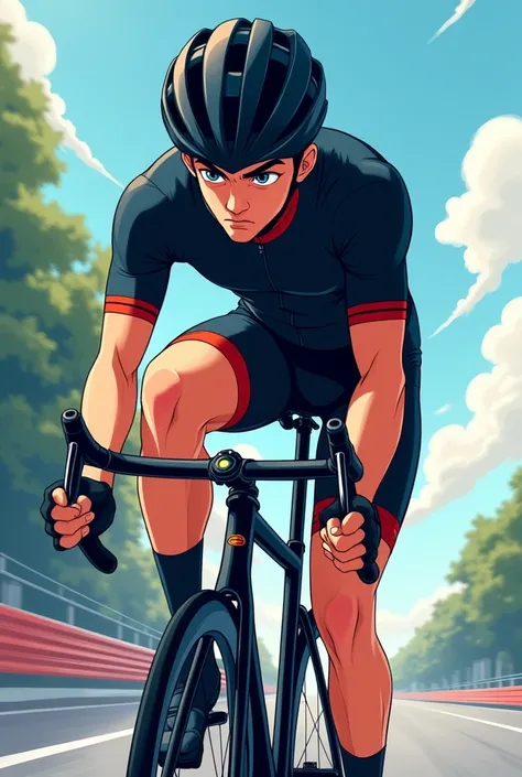 black-haired male cyclist anime gloves and helmet