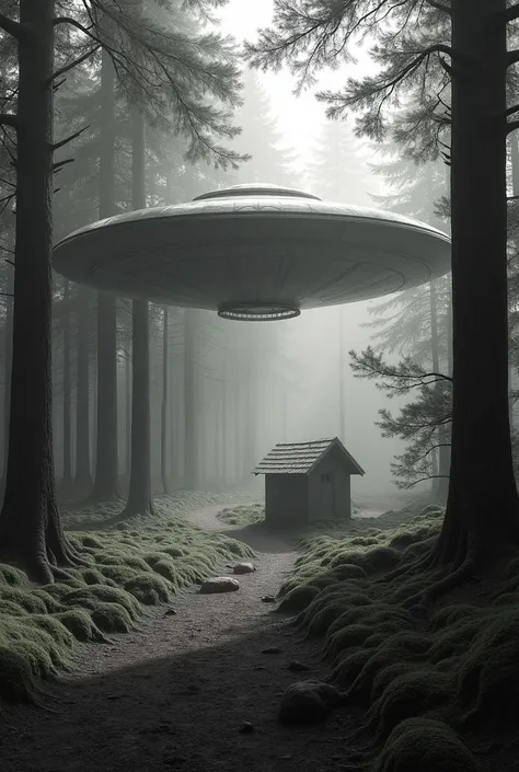 Real black and white UFO ship as real as possible in a forest with an offspring house
