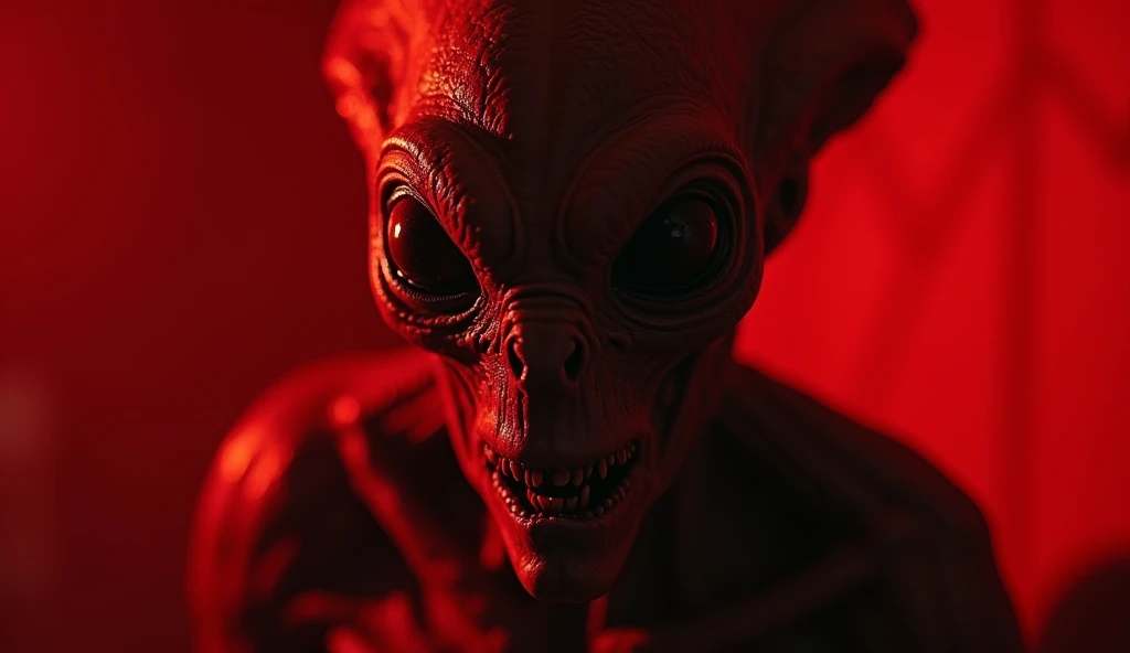 Photograph of an alien with a grotesque, textured face, covered in dark, scaly skin. The creature has elongated, sinewy features and a menacing expression. The image is bathed in a deep red light, creating a haunting, eerie atmosphere. The background is bl...