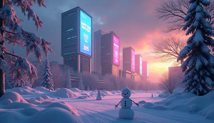 a scene of morning dawn in the city, cityscape, big LED screens are displaying Happy New Year, 2025, Pay Parking, City Bank and Hotel, neon lights, trees covered by snow, winter foliage, snowmen, snowy ground, beautiful atmosphere, 8k, photorealistic, vibr...