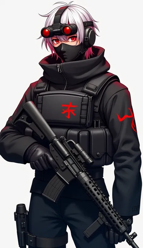  Kaedehara Kazuha (man) anime drawings , cabello blanco, Strand of red hair below,  bright red eyes ,  with black special forces suit,  black balaclava , red and black helmet with thermal vision sight,  full body