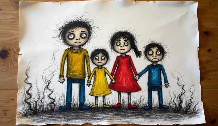 A ’s crayon drawing of a distressed family on textured paper, vivid colors (yellow, red, blue) contrasting with dark, unsettling tones. Stick-figure style with frowning faces and wide, eerie eyes, surrounded by jagged lines and smoke-like scribbles. Set ag...