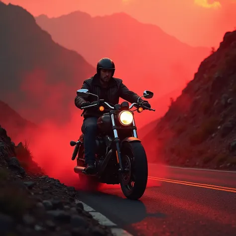 A man on a motorcycle coming out of red fog on a mountain road