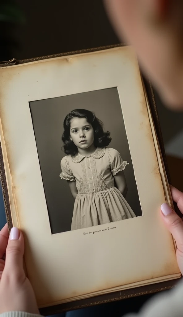 Draw an old photograph of a girl in a photo album, about . The girl is dressed in an old-fashioned dress from the sixties.
The girl in the photo looks sad. The photo is captioned: "Rest in peace dear Emma 1962."
A photo album is held by female hands.